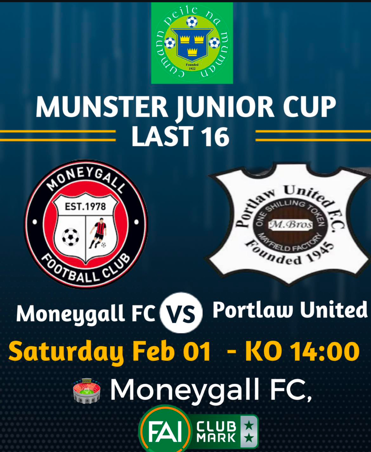 MUNSTER JUNIOR CUP  14:00pm in Moneygall!!